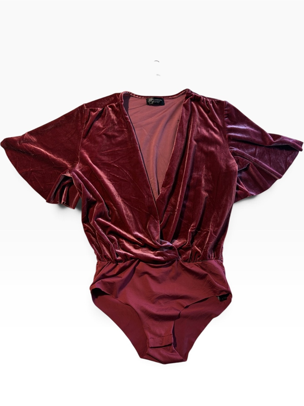 Zara Mauve Velvet Plunge Bodysuit Flutter Sleeve Size M